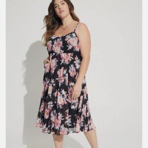 Womens Midi Chiffon‎ Pleated Dress Black Floral Size 1